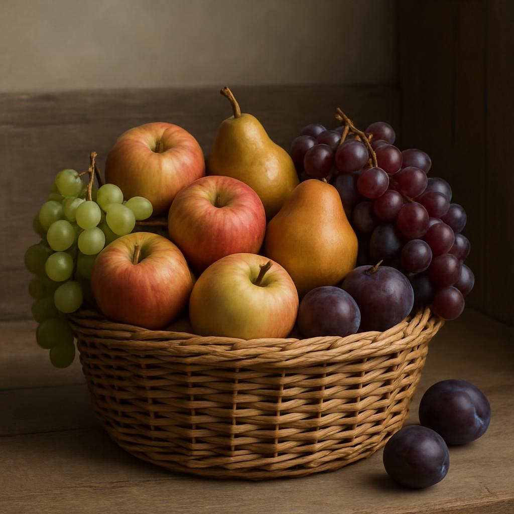 A basket of fresh fruit on a wooden table, including apples, pears, grapes, and plums.
